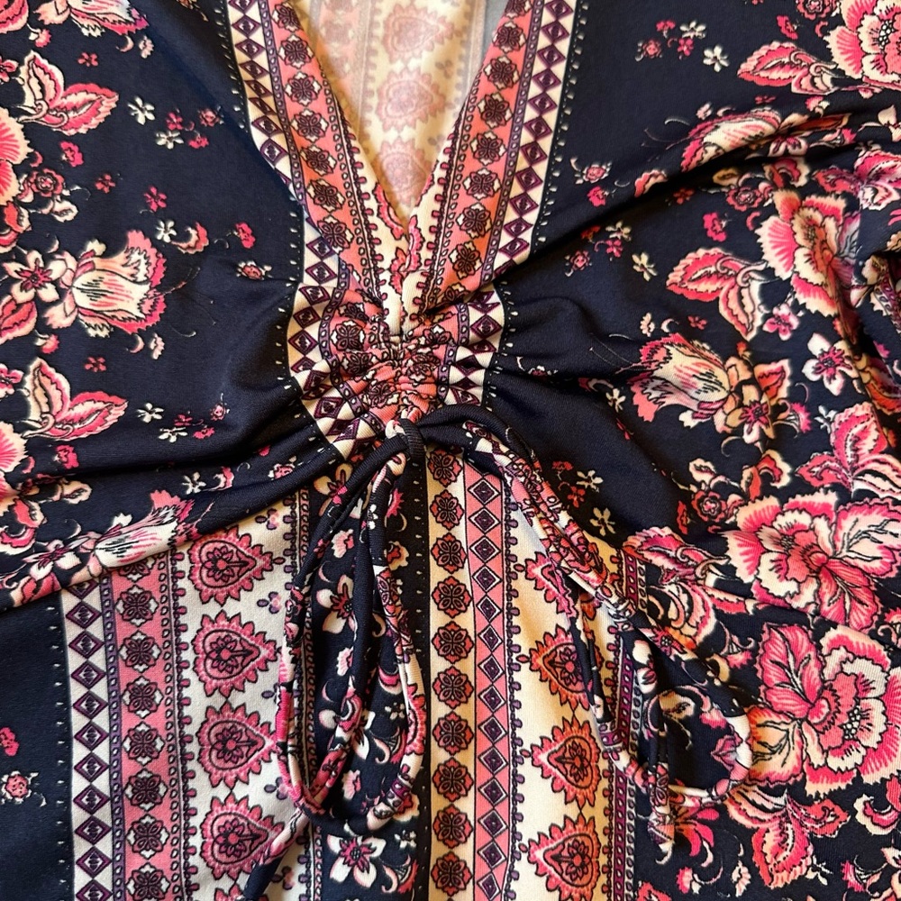 Polly & Esther Navy and Pink Floral Bell Sleeve Blouse - Picture 10 of 15